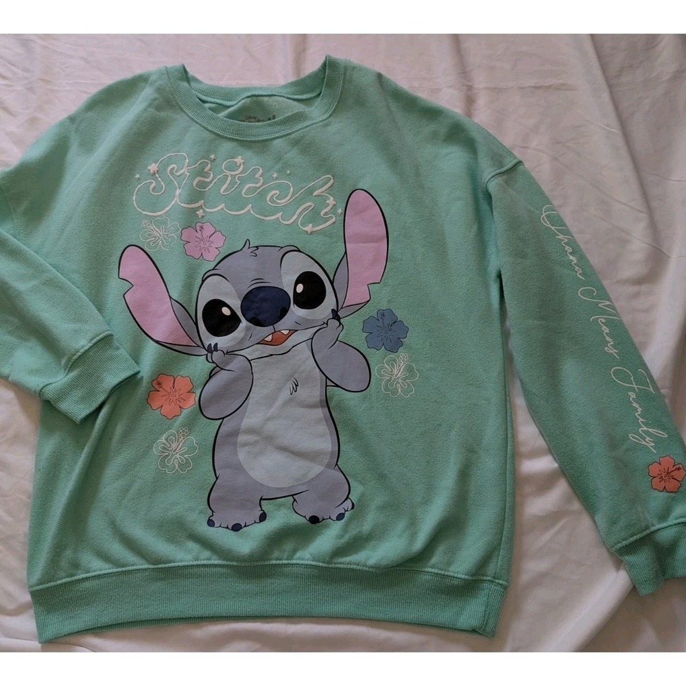 Disney‎ Womens Medium Stitch Graphic Print Green Long Sleeve Crewneck Sweatshirt